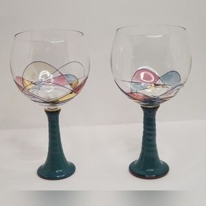 Missouri Artist Signed Handmade Wine Glasses with Pottery Handles & Color Swirls
